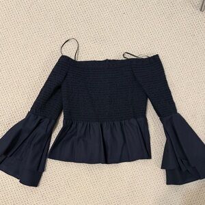 Amanda Uprichard Navy Blue Ruffle Beachwood Off-Shoulder Women's Top